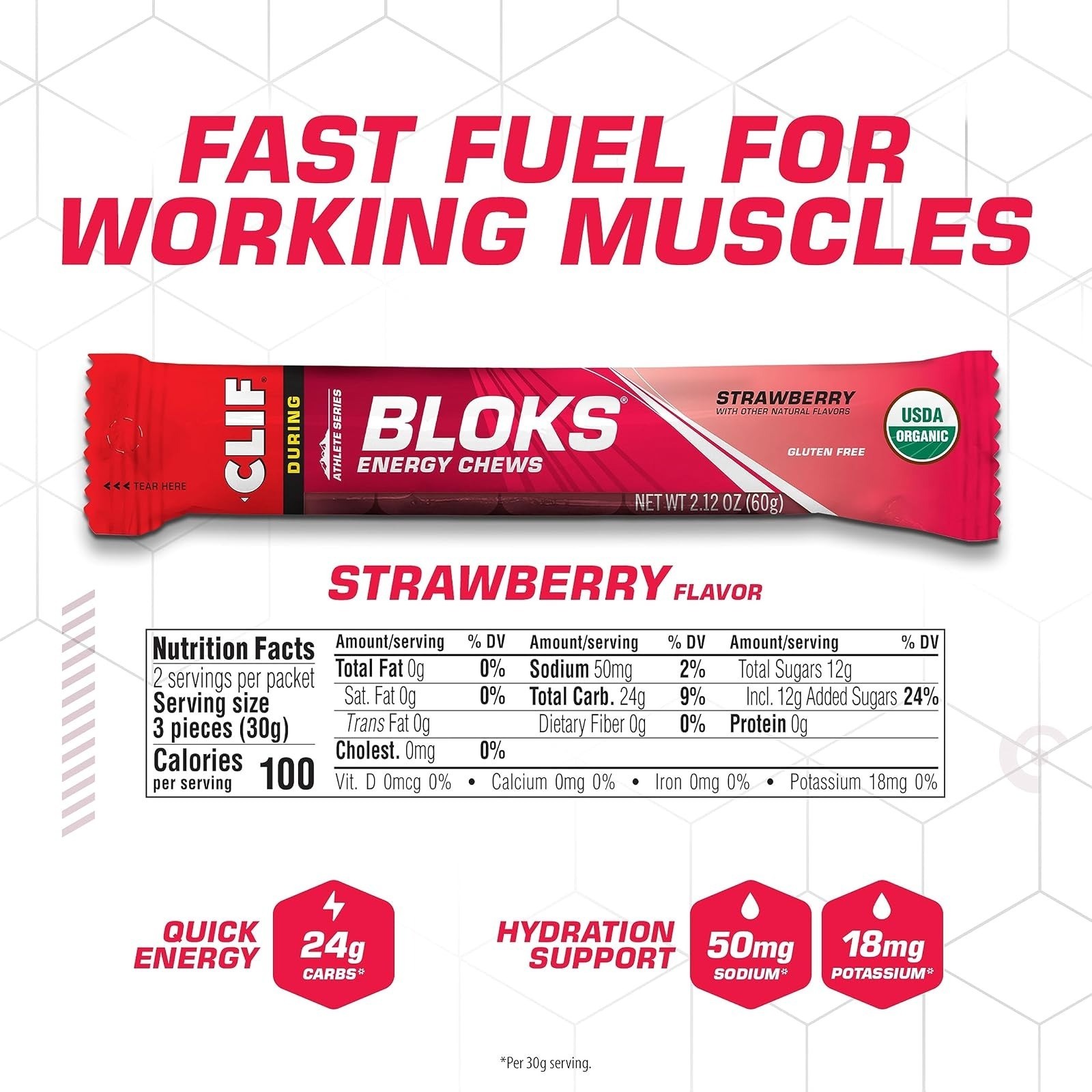 CLIF BLOKS Strawberry Flavor Energy Chews – Plant Based, Non-GMO, 18 Count