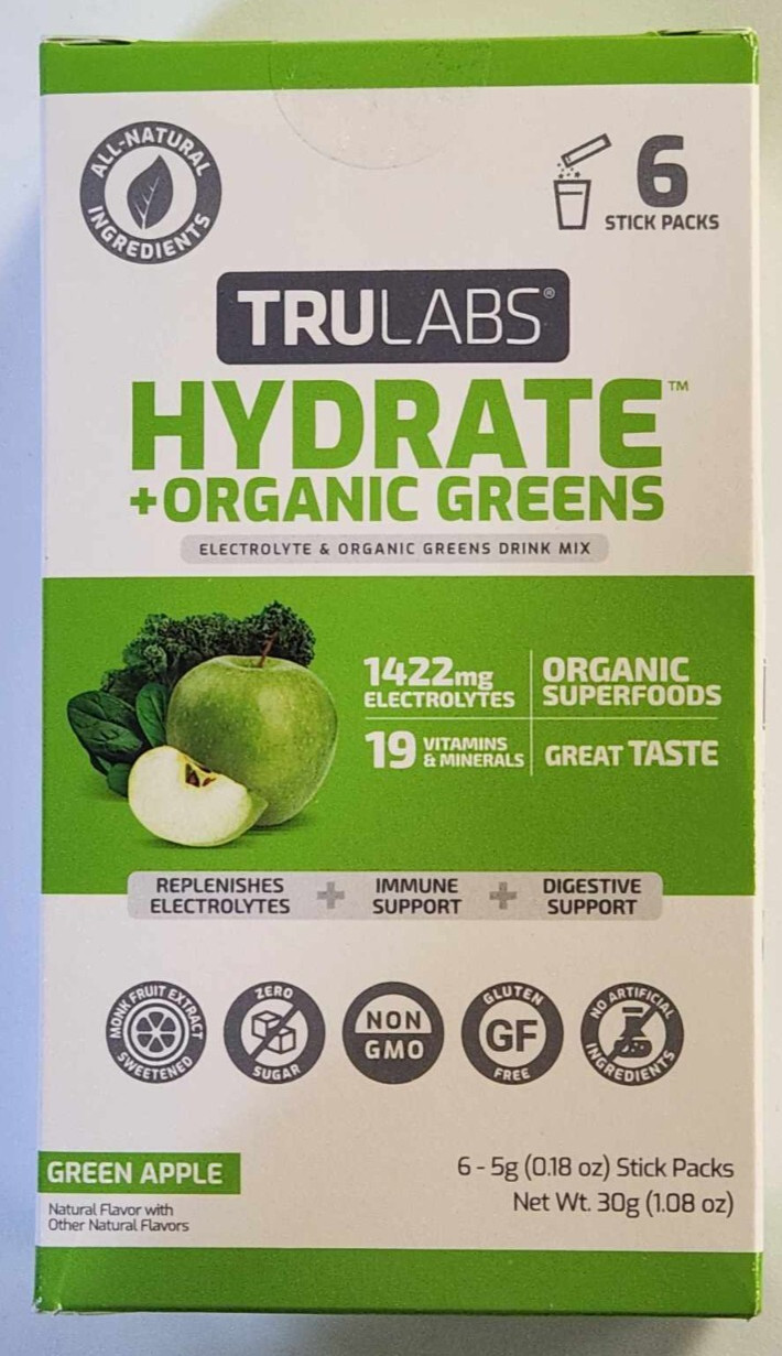TruLabs Hydrate +Organic Greens 6 Stick Packs Green Apple Mix W/ Water