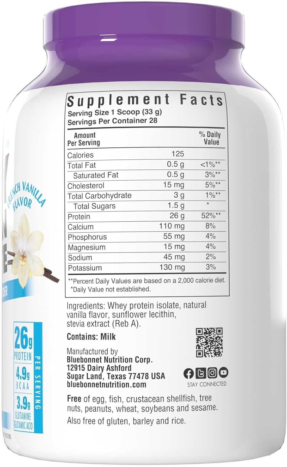 BlueBonnet Whey Protein Isolate Powder 2 Lbs 28 Servings French Vanilla