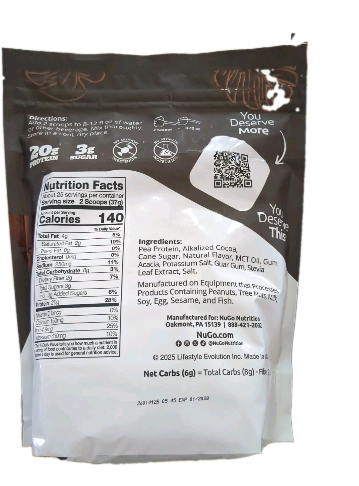 Lot of 2 NuGo Nutrition, Plant Pea Protein, Chocolate 2 lbs (907 g) Exp 01/2028
