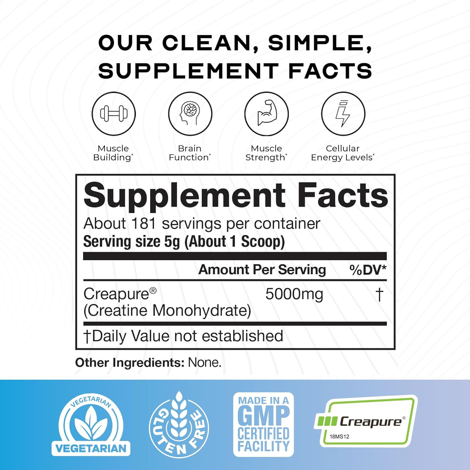 Creapure Creatine Monohydrate Powder, Vegan Keto Friendly Gluten-Free, Mass Gain