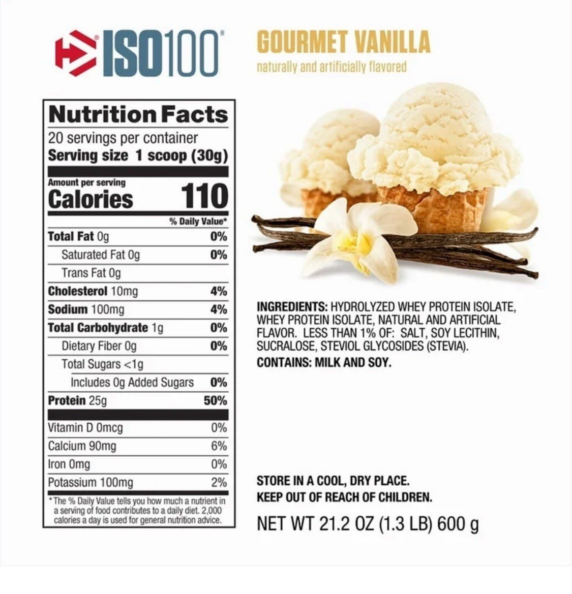 Dymatize ISO100 Hydrolyzed Whey Isolate Powder Vanilla 21.2 oz