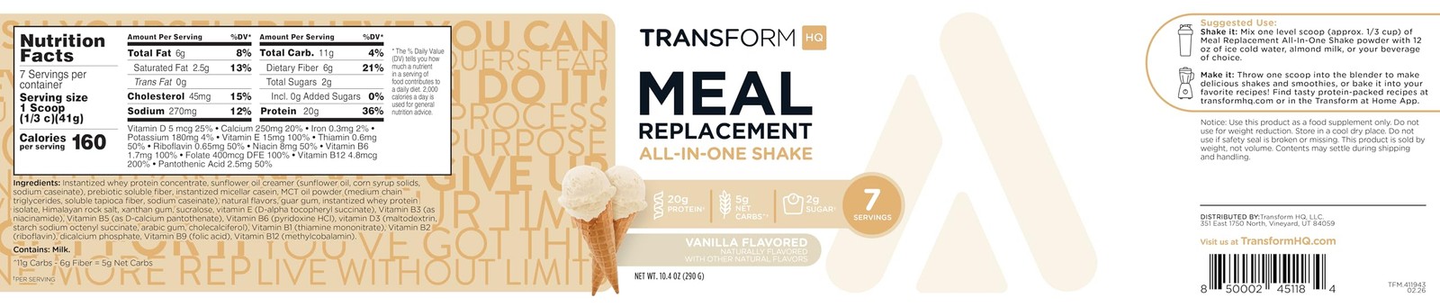 Transformhq Meal Replacement Shake Powder 7 Servings Vanilla – Gluten Non-Gmo