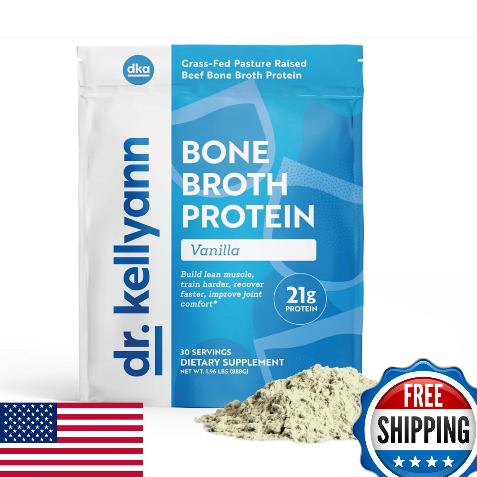 Dr. Kellyann Bone Broth Protein Powder Vanilla (30 Servings) – 21g Protein, Gras