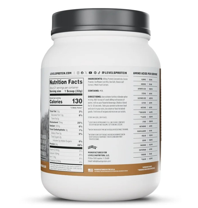 Levels Grass-Fed Whey Protein Powder, Double Chocolate, 1.48 lb