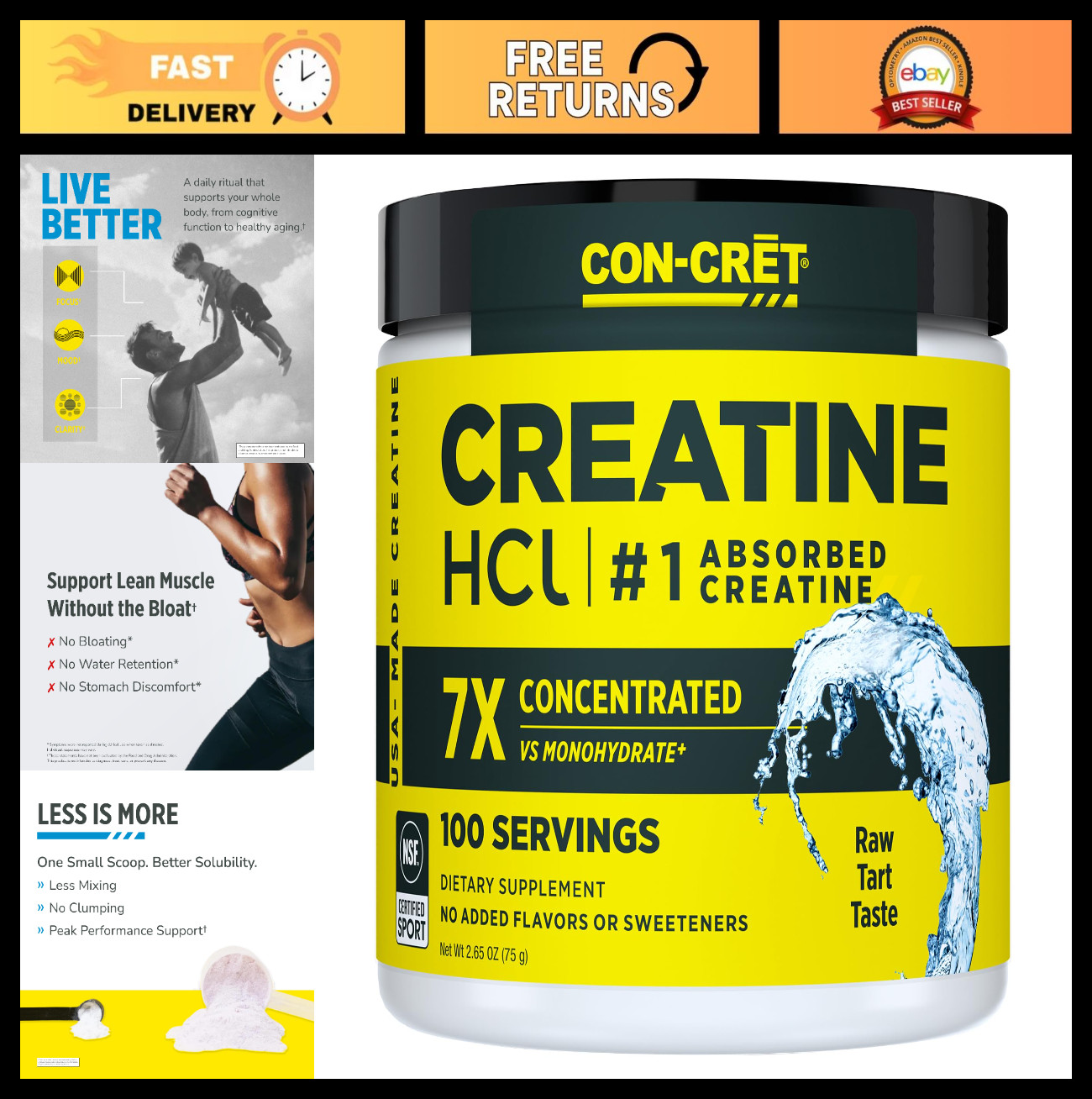 Creatine HCl Powder for Muscle & Strength Support, Unflavored, 100 Servings, No