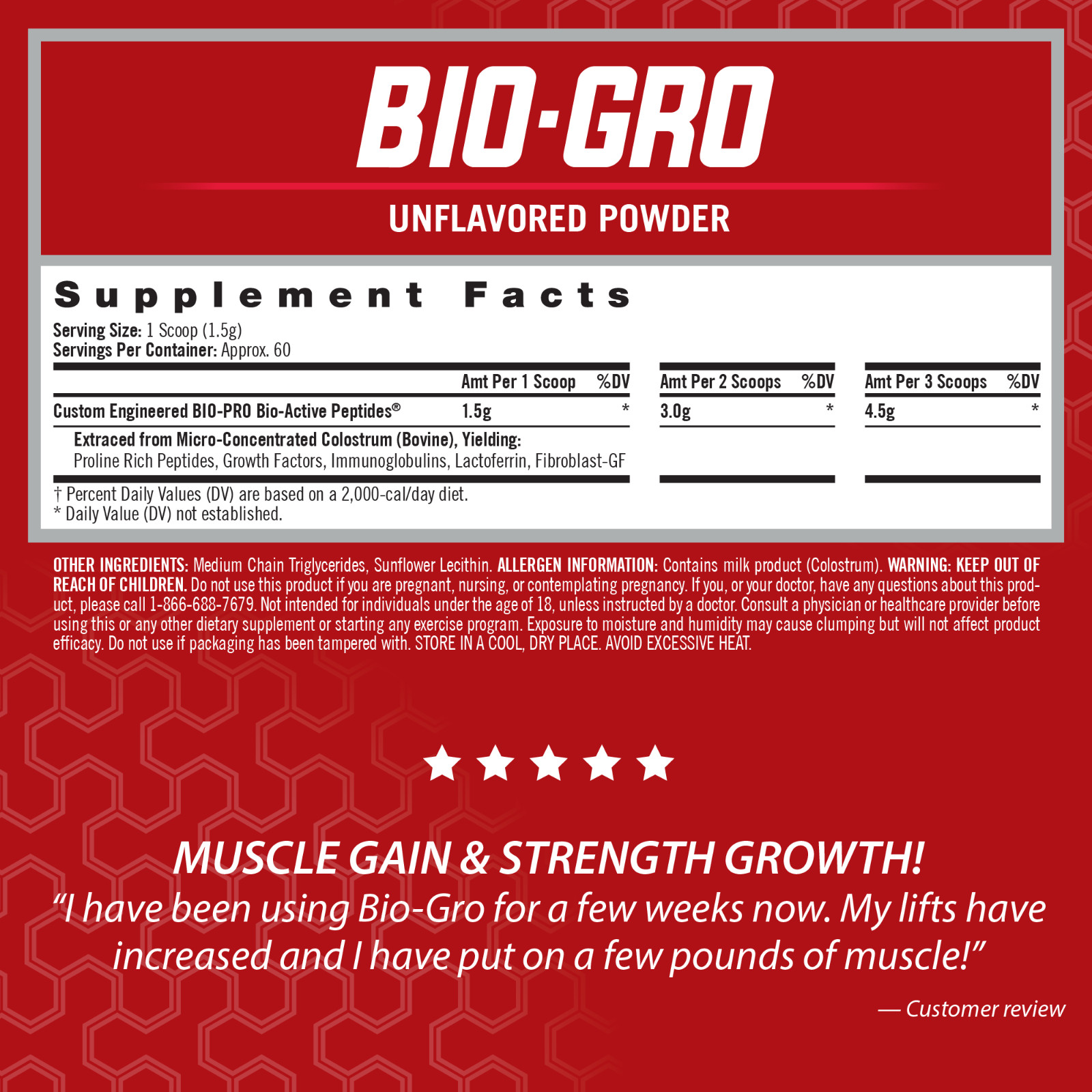 BIO-GRO Protein Muscle, Strength & Recovery – Unflavored / 60 Servings