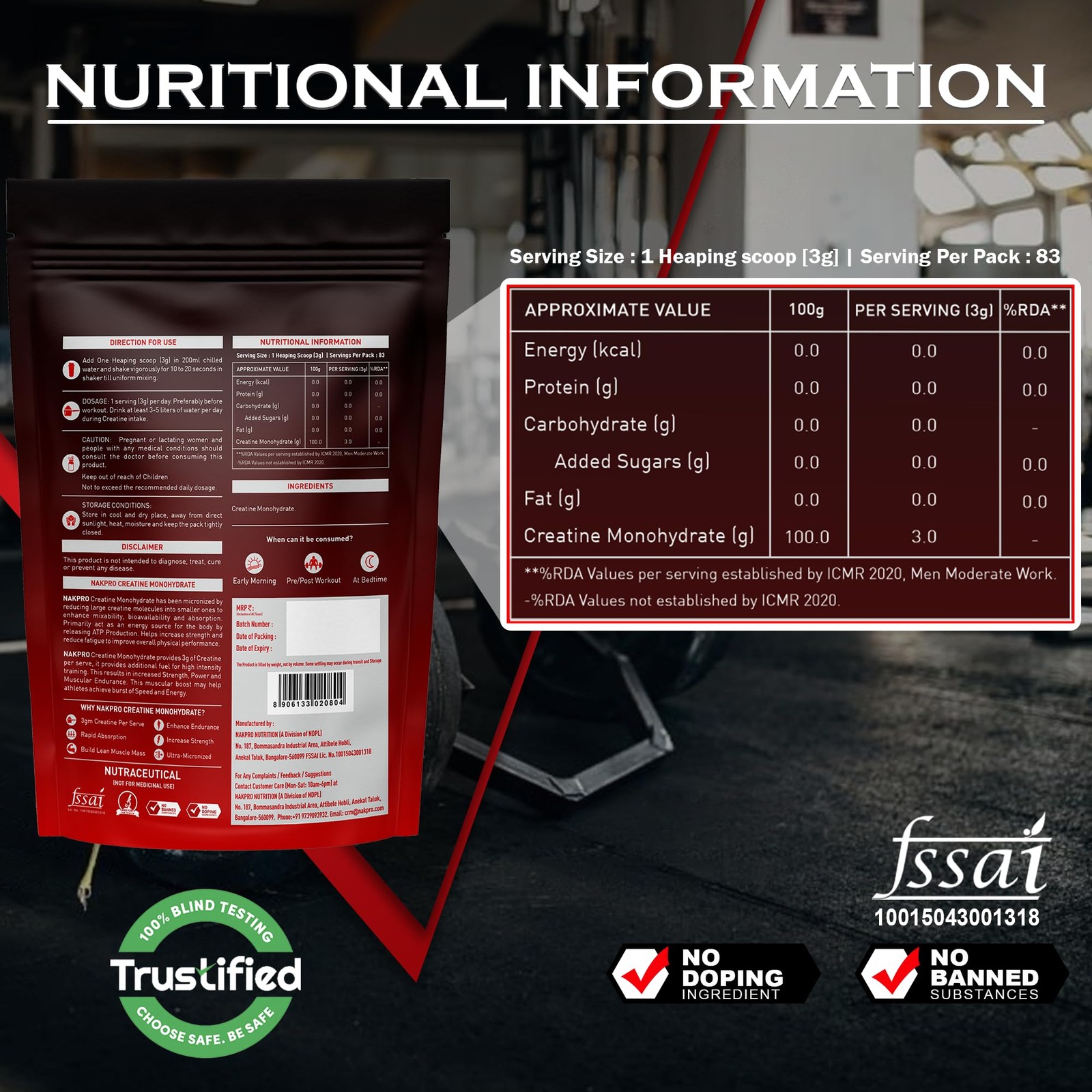 NAKPRO Micronised Creatine Monohydrate 250g | Unflavoured | 83 Servings