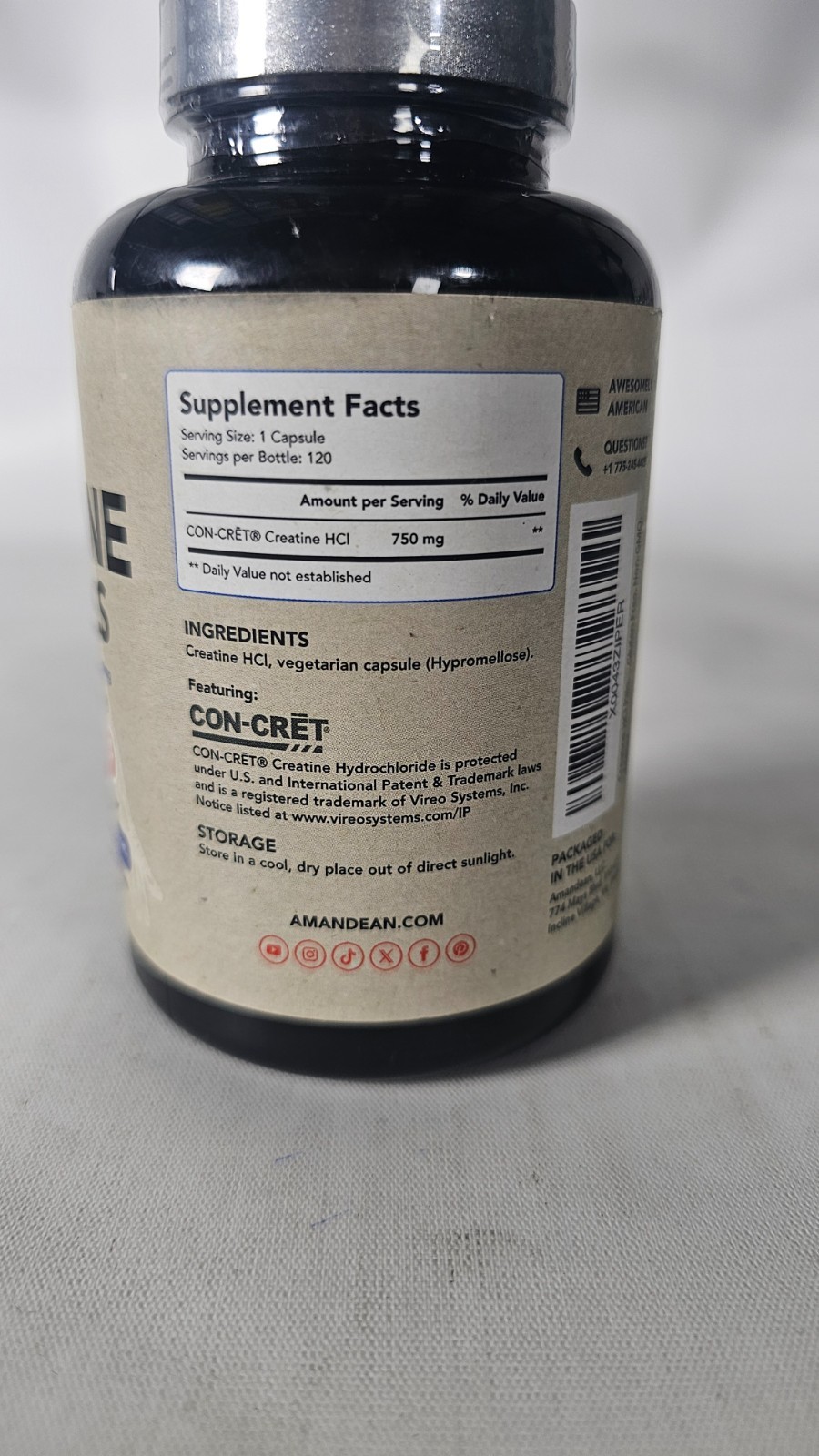 Creatine HCl Pills. American Made CON-CRET. 120 Ct. 700 mg Exp:03/2028