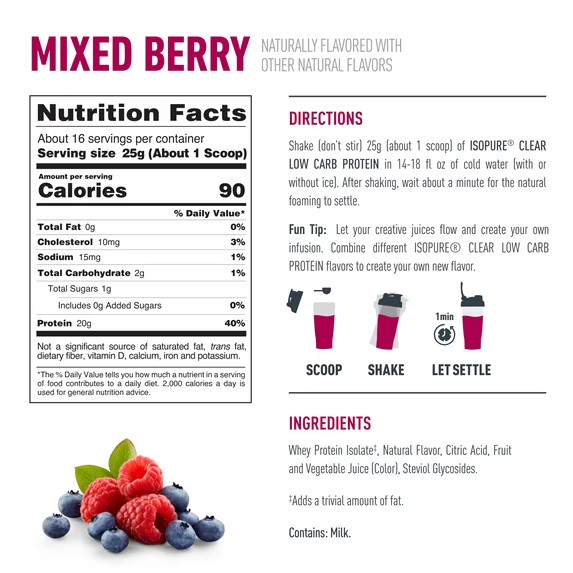 Isopure Clear Low Carb 100% Whey Protein Isolate Powder, Mixed Berry,32 Servings