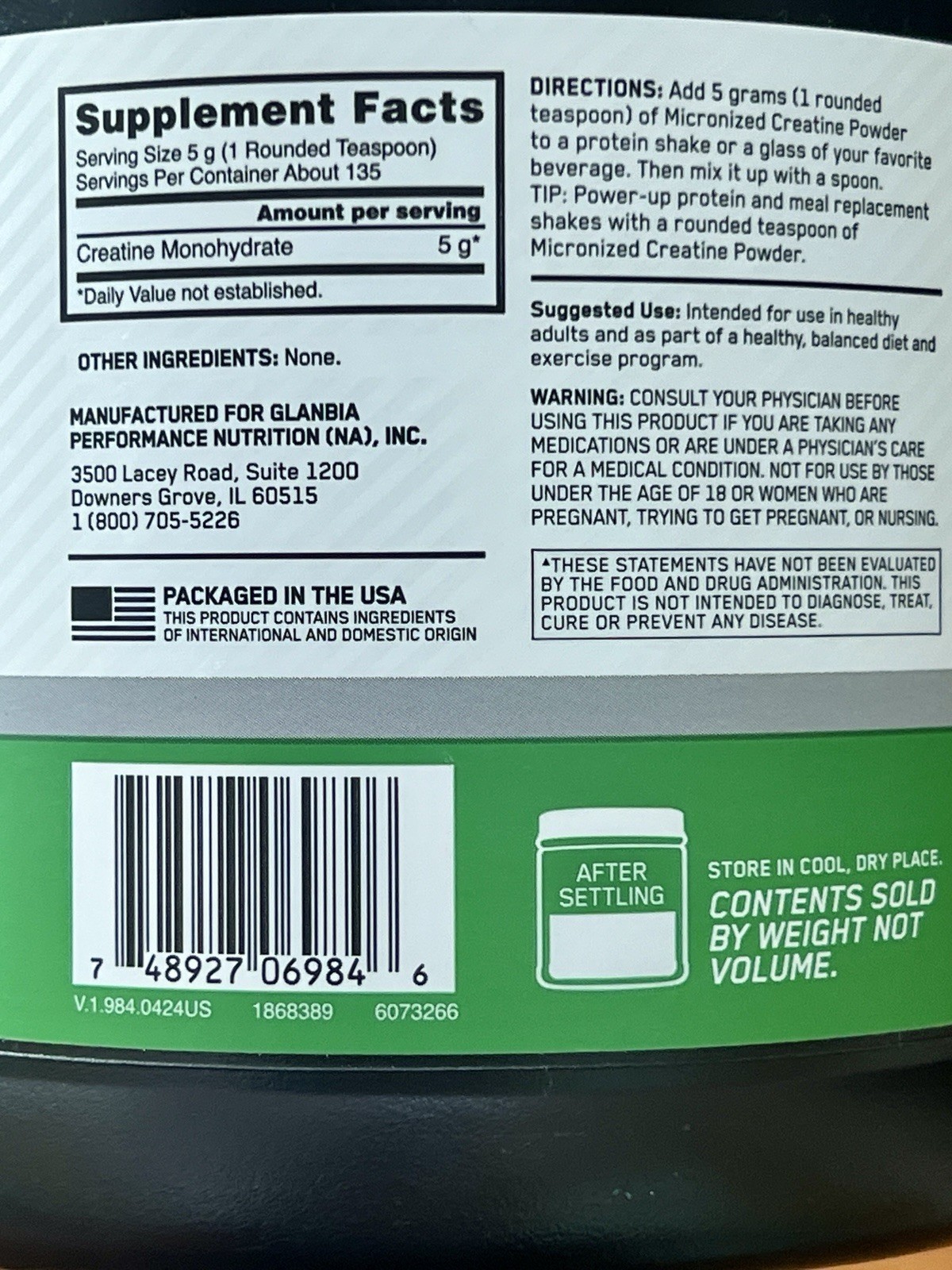 Optimum Nutrition Micronized Creatine Powder Unflavored 23.8oz 5g 135 Servings
