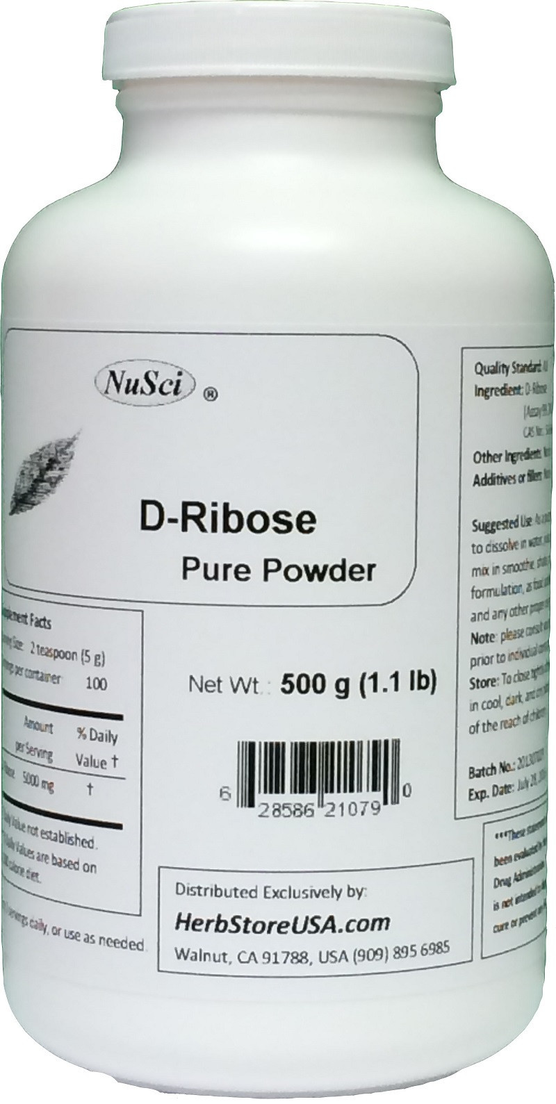 NuSci 500g/bottle Pure D-Ribose Powder (1.1LB) energy well-being sport
