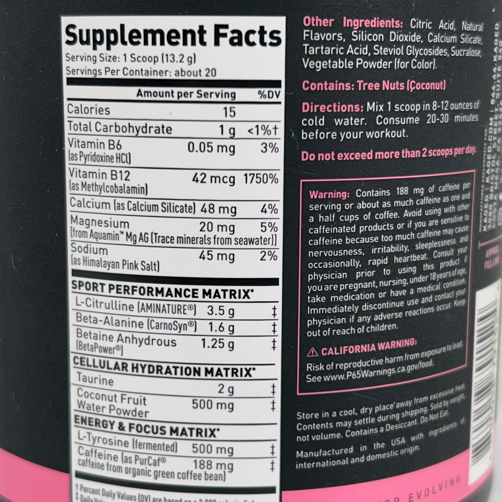 Kaged Pre Workout Sport Pink Lemonade 20 servings/ 9.31oz(264 g).