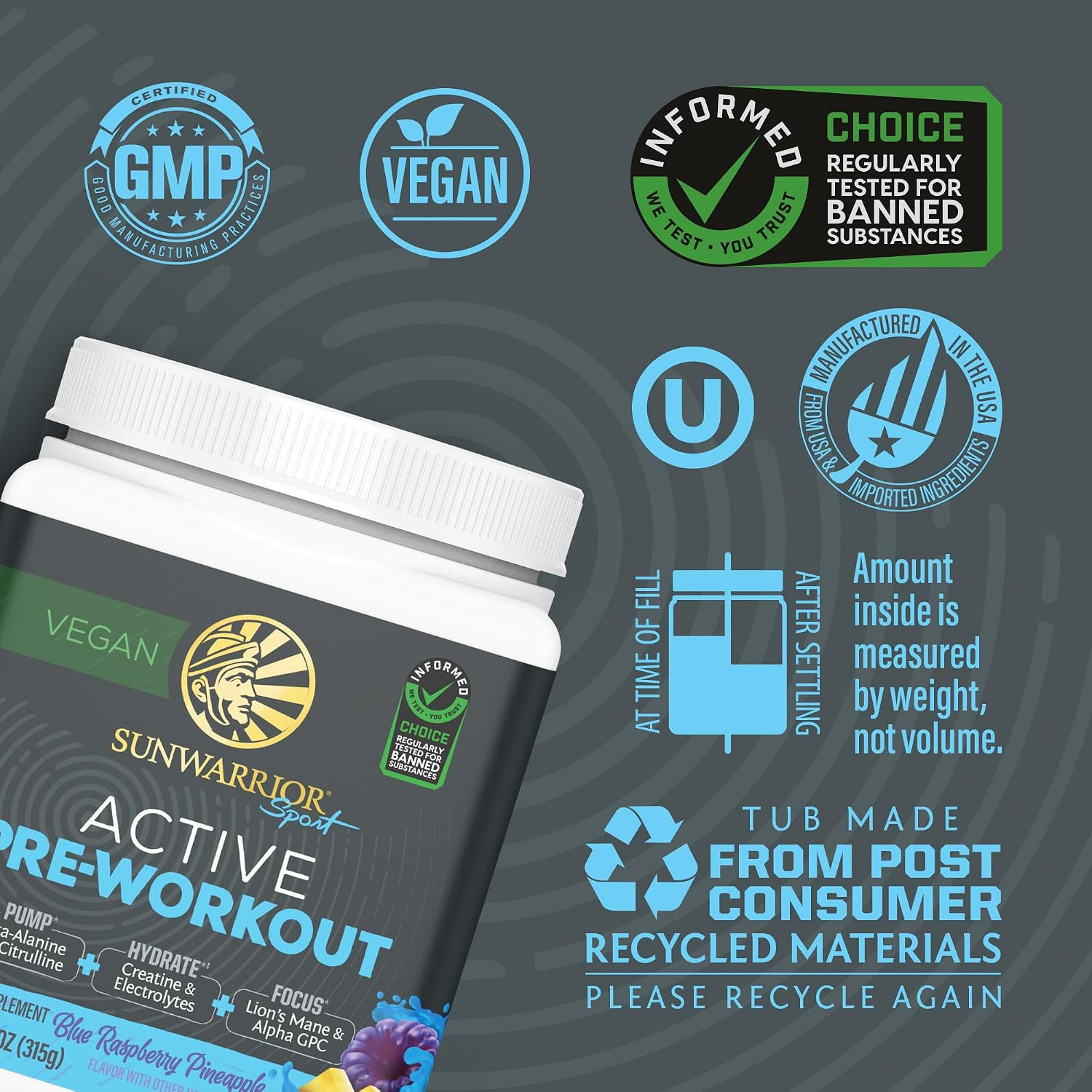 Sunwarrior Active Pre Workout Powder Blue Raspberry Pineapple 30 Servings Vegan.