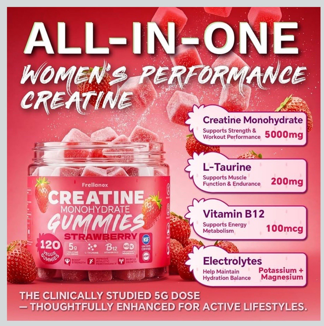 Frellanox Creatine Monohydrate Gummies Strawberry 120ct 5g +B12 Taurine