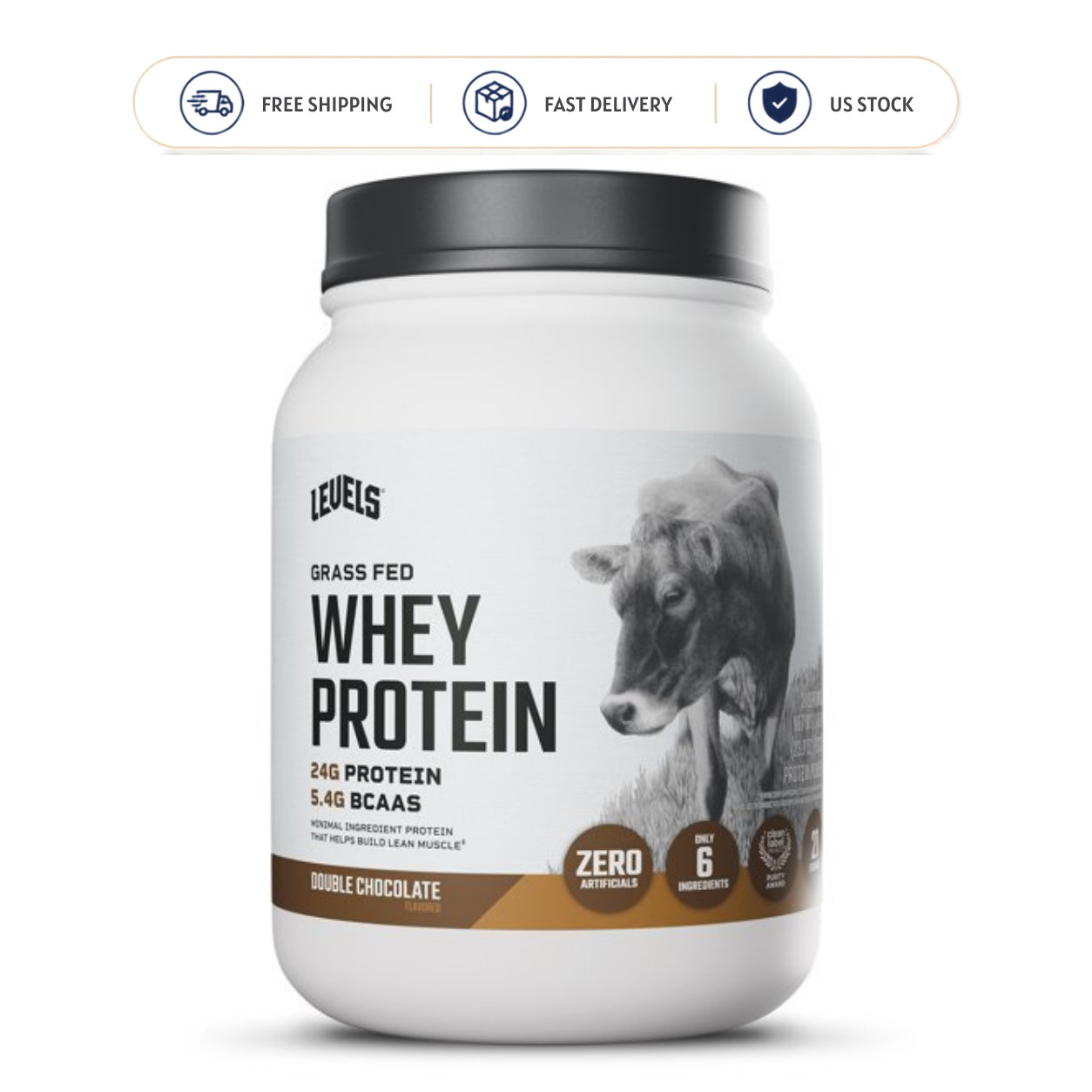 Levels Grass Fed Whey Protein Powder Double Chocolate 1.48 lb 24g Protein