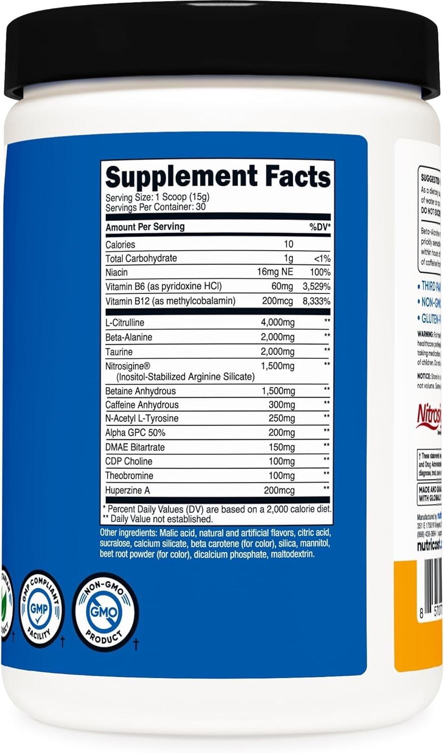 15.9 Oz Peach Mango Pre-Workout Powder – Vegetarian Energy Booster, 30 Servings