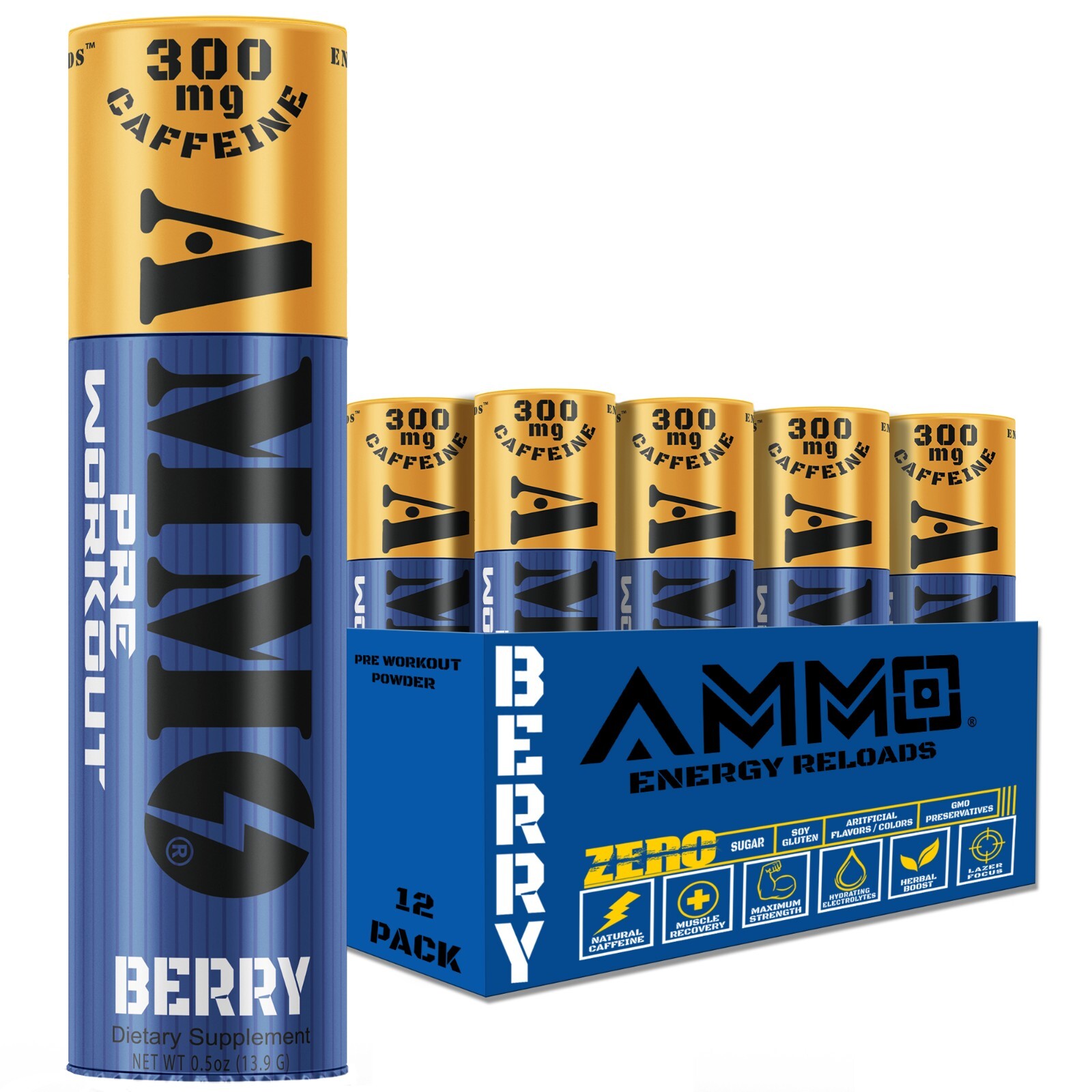 AMMO Energy Reloads Berry Single Shot 12ct pre workout 300mg Caffeine Zero Sugar