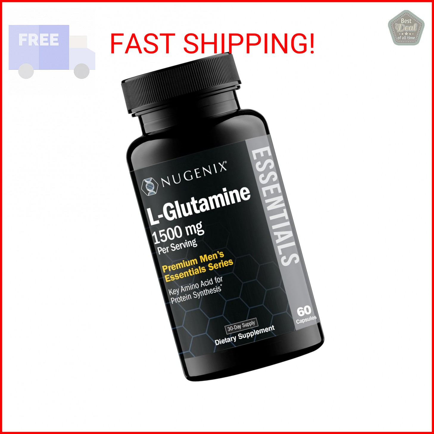 Nugenix Essentials L-Glutamine, 1500mg 100% Botanical L-Glutamine Amino Acid, Pr