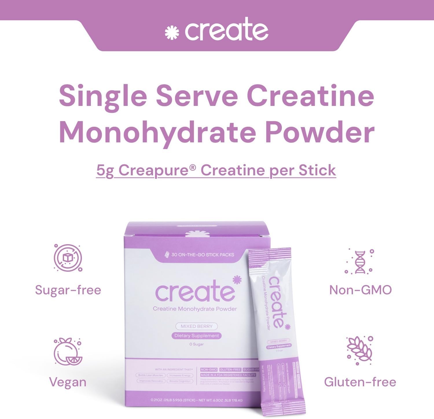Create Creatine Monohydrate Powder Sticks – 15 ct Mixed Berry Flavor -New/Sealed