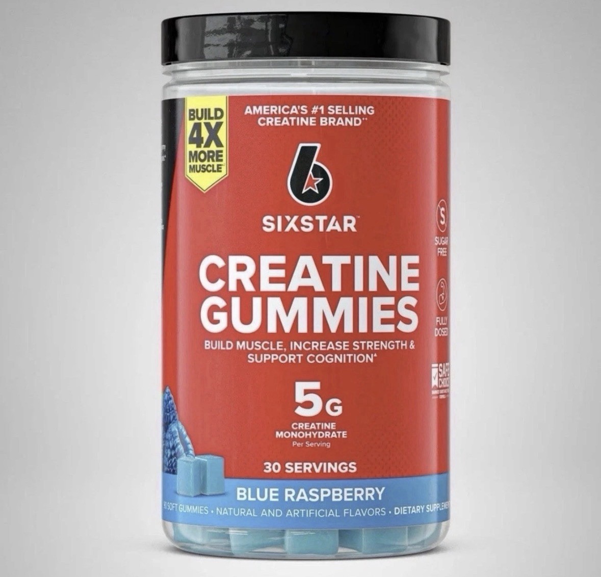 SIXSTAR Creatine Gummies Sugar Free 5g Creatine Monohydrate Blue Raspberry, 90ct