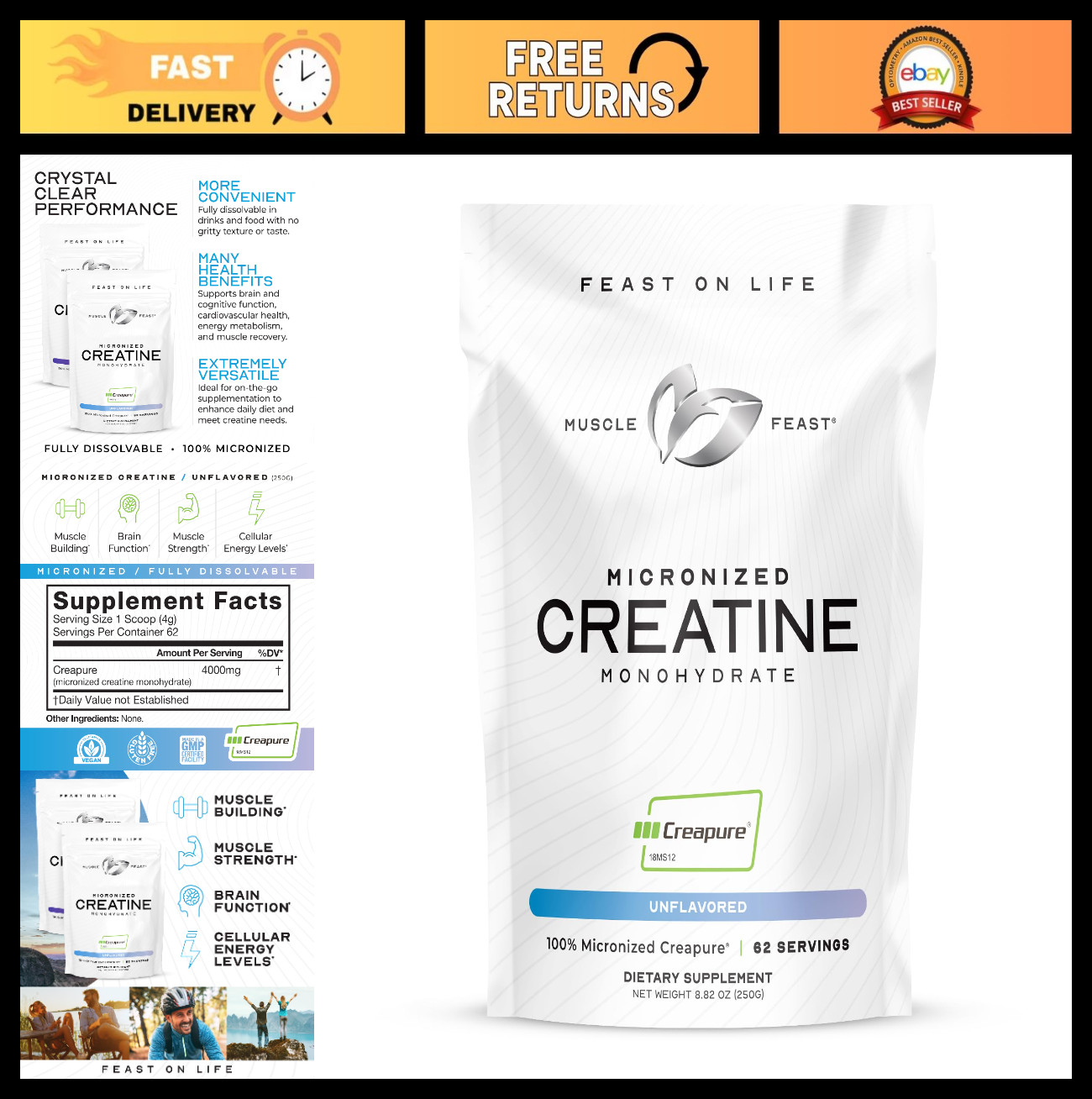 Micronized Creatine Monohydrate Powder 250g – Unflavored, Vegan, Easy Mix, Pure,