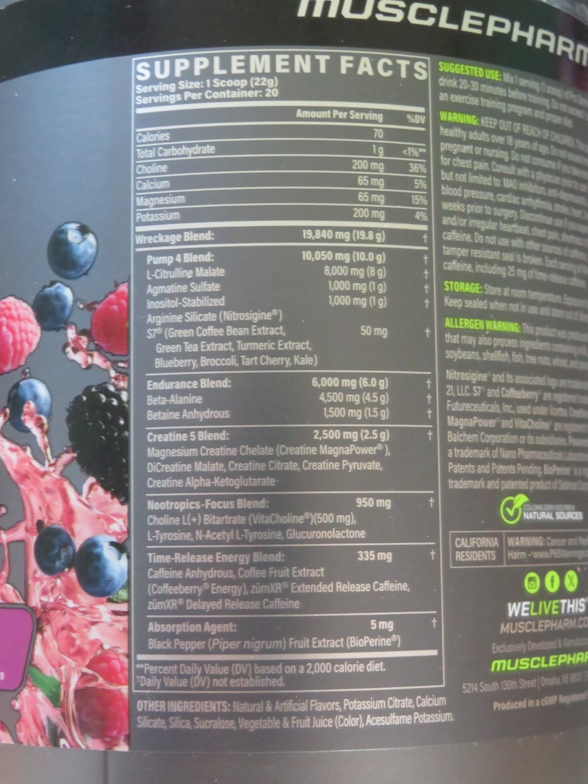 MusclePharm MP Pro Series Wreckage Pre-Workout 15.5 Oz 20 Servings Sour Berry