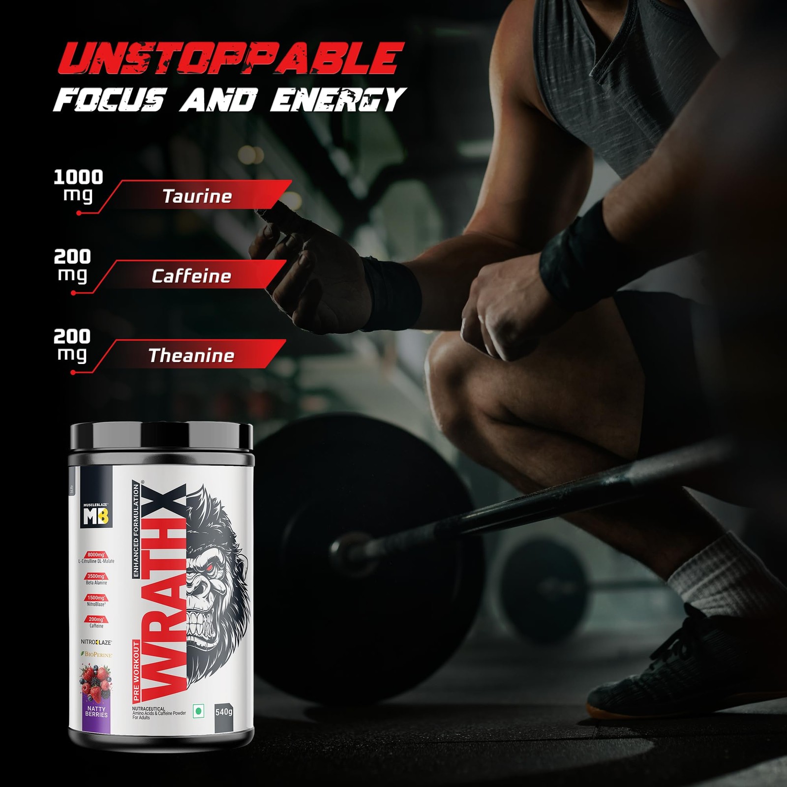MuscleBlaze WrathX Pre Workout Powder 540g – Natty Berries, Creapure, NitroBlaze