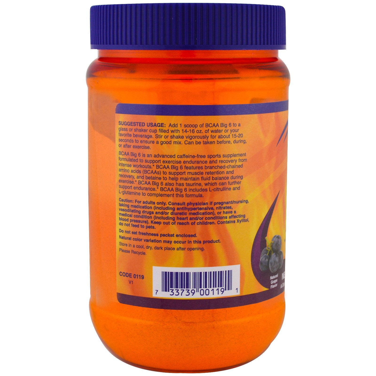 Now Foods Sports BCAA Big 6 Natural Grape Flavor 21 16 oz 600 g Caffeine-Free &