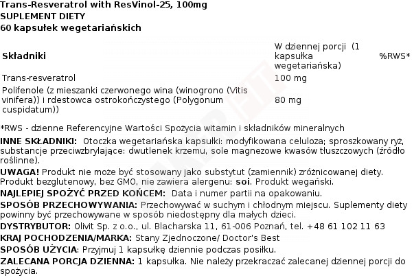 Doctor’s Best Trans-Resveratrol With Resvinol-25 100mg – 60 Vcaps