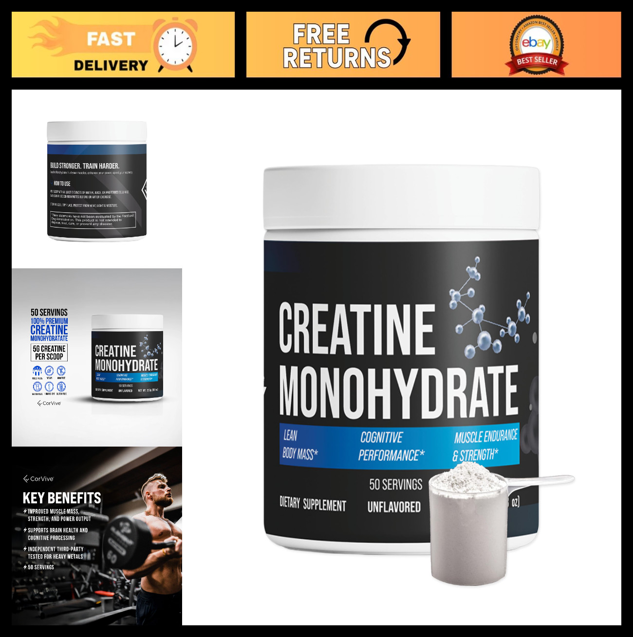 Pure Unflavored Creatine Monohydrate Powder – Vegan, Gluten-Free, Non-GMO – 50 S
