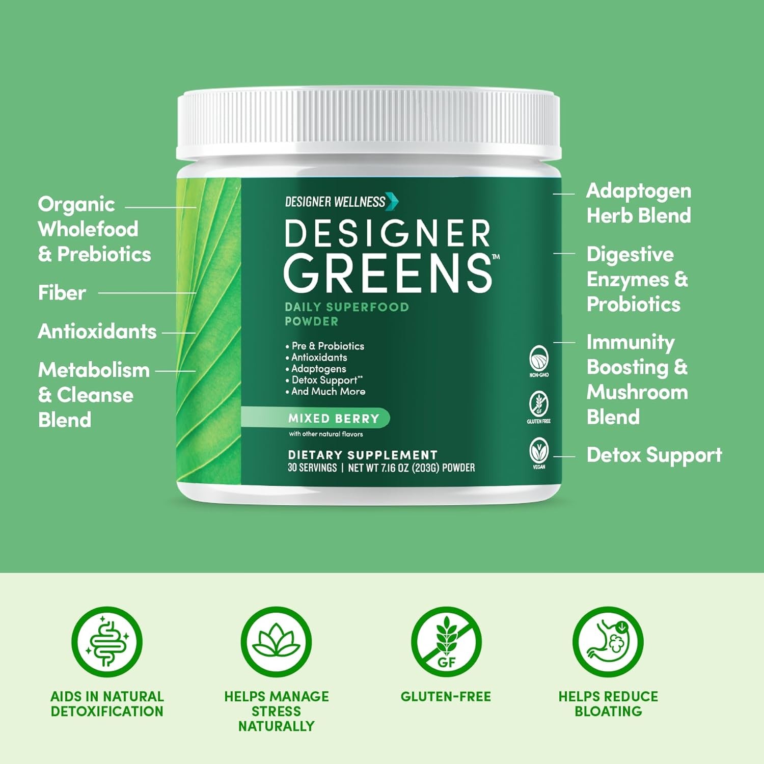 Designer Wellness, Designer Greens Superfood Powder with Prebiotics, Probiotics,