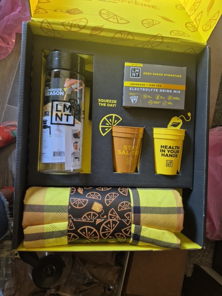 NIB – LMNT Lemonade + Iced Tea Kit: 2 Qt. Pitcher , Picnic Blanket, (4) Cups, &