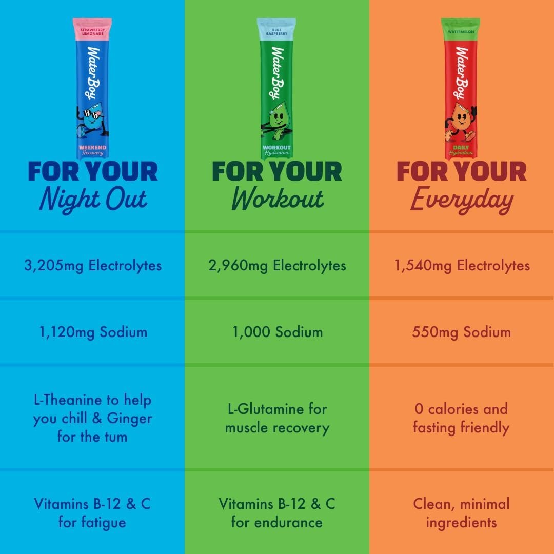 Waterboy Workout Hydration 2,960mg Sugar Free Electrolyte Powder Packets 15Stick