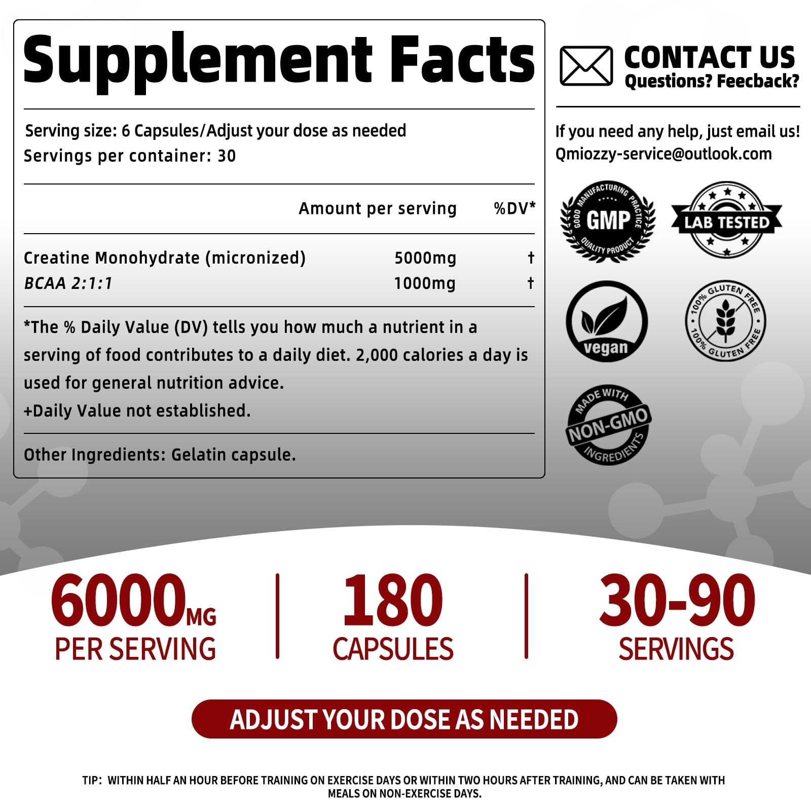 Qmiozzy Micronized Creatine Monohydrate 6000mg BCAA 180 Caps