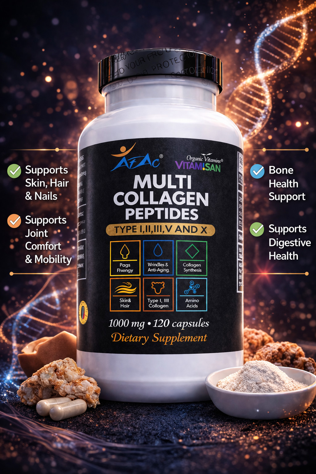 Hydrolyzed Collagen 240 caplets Hair Skin Nail Care Anti-Aging Pill 1000 PEPTIDE