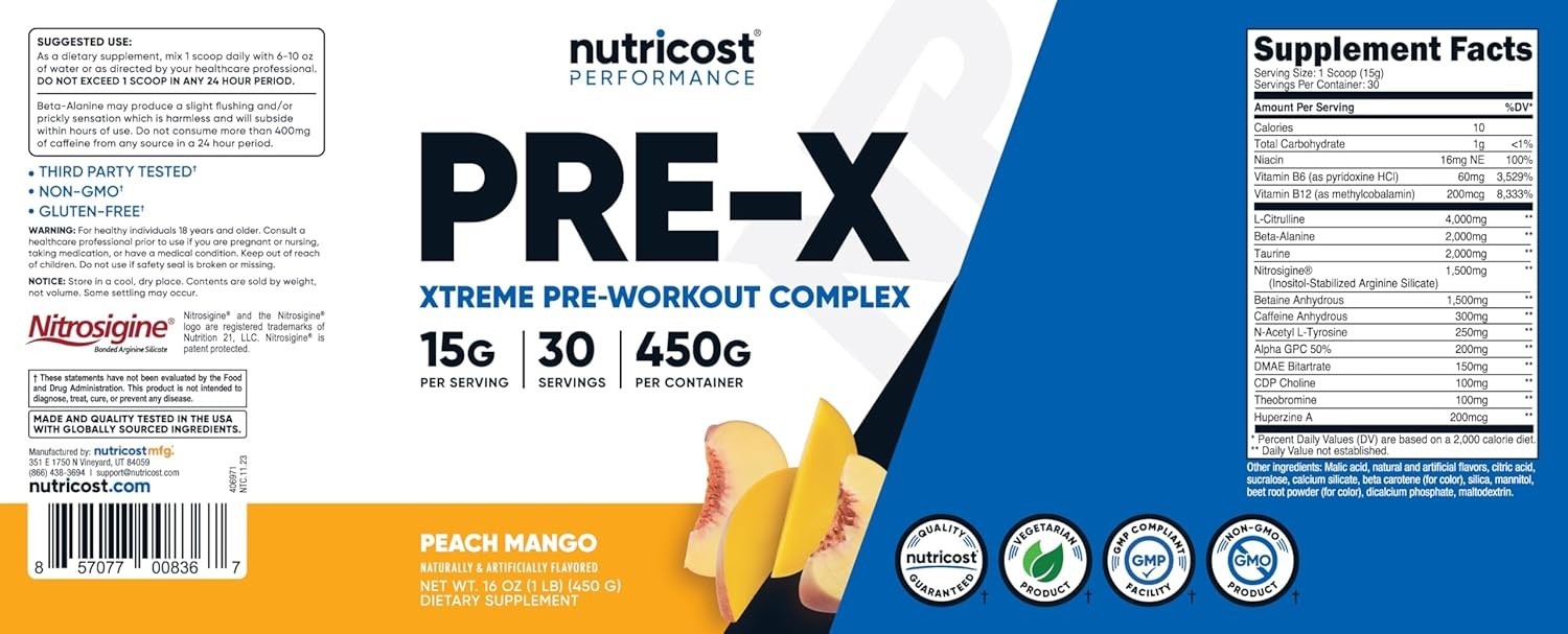15.9 Oz Peach Mango Pre-Workout Powder – Vegetarian Energy Booster, 30 Servings