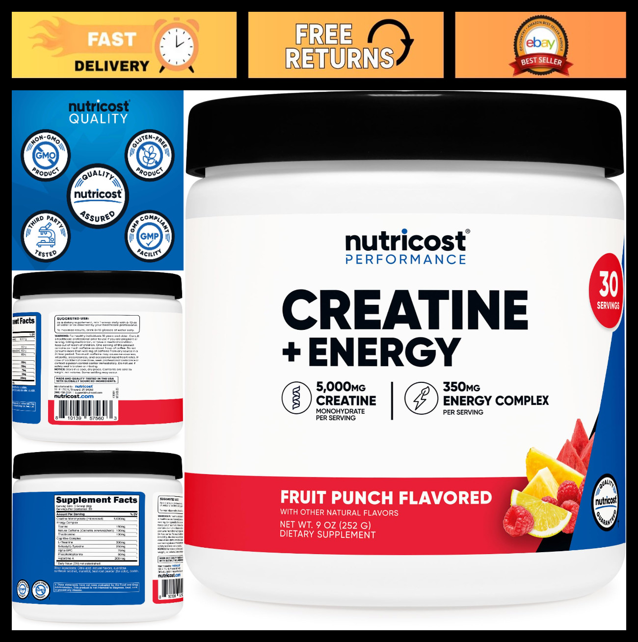 Creatine Monohydrate Powder + Energy Complex, Fruit Punch, 30 Servings, GMO-Free