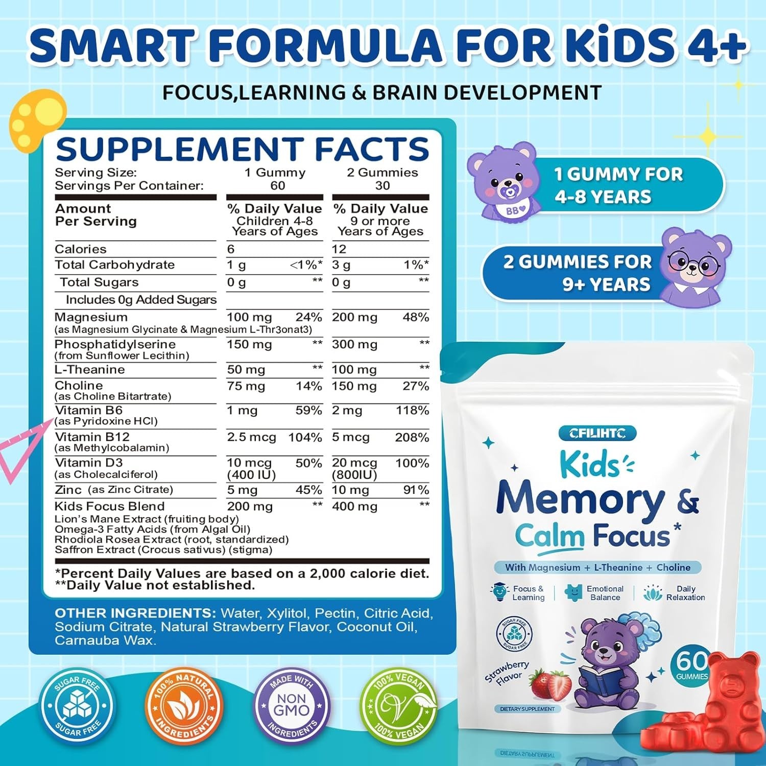 Kids Focus & Memory Gummies with Magnesium Glycinate, Phosphatidylserine