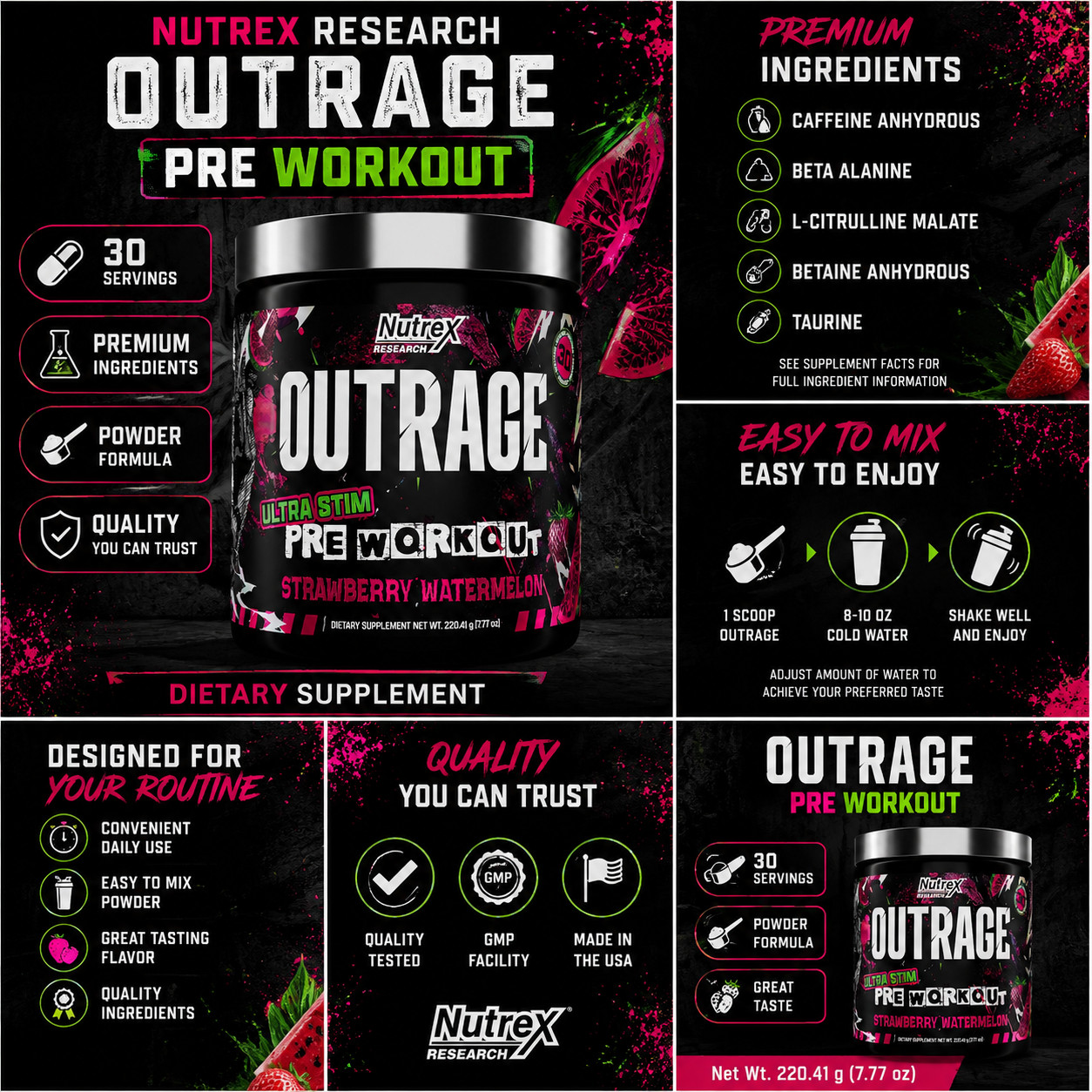 Nutrex OUTRAGE Pre-Workout Powder 30 Servings Dietary Supplement.