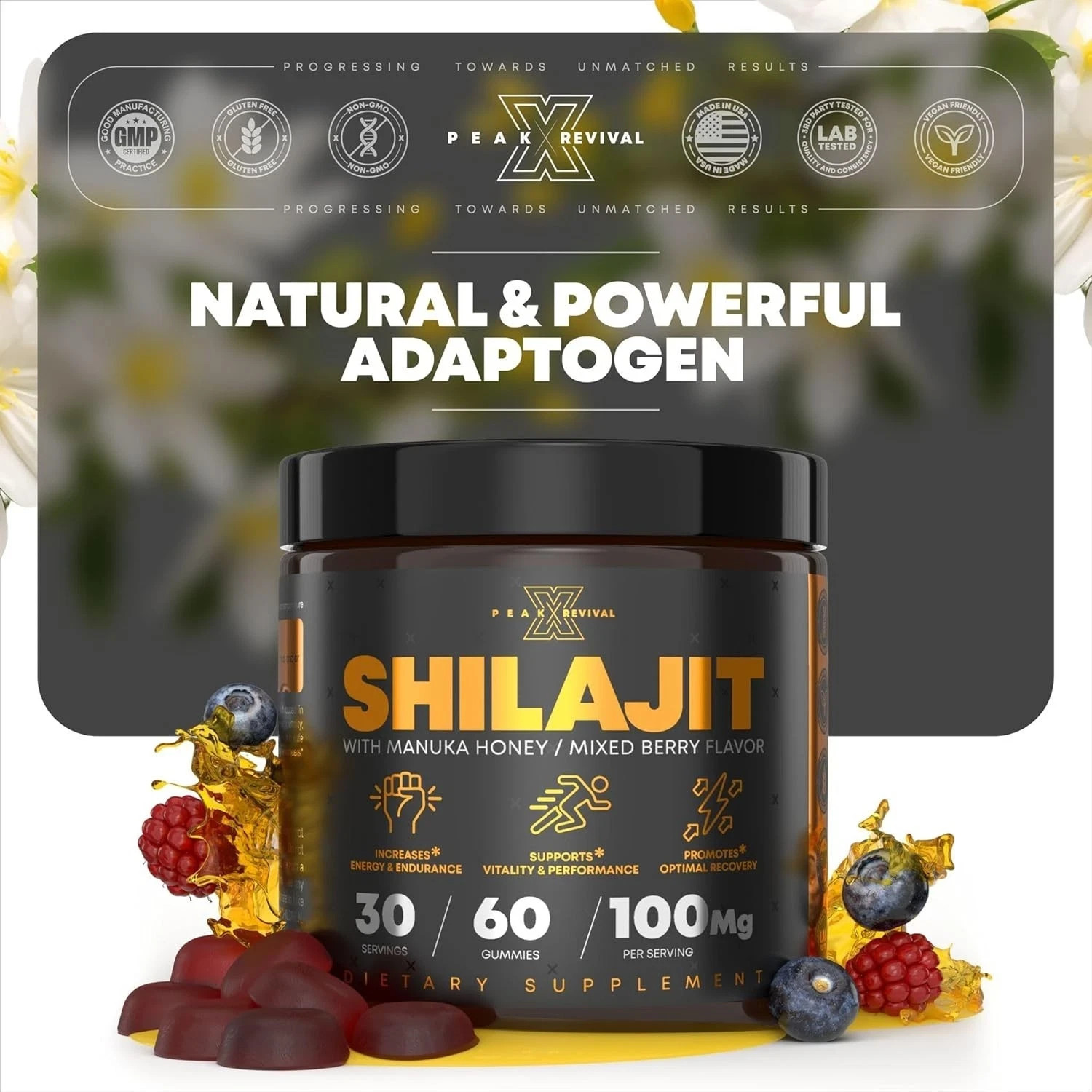 Shilajit Gummies with Manuka Honey – Increases Energy & Endurance,100mg 60 Coun