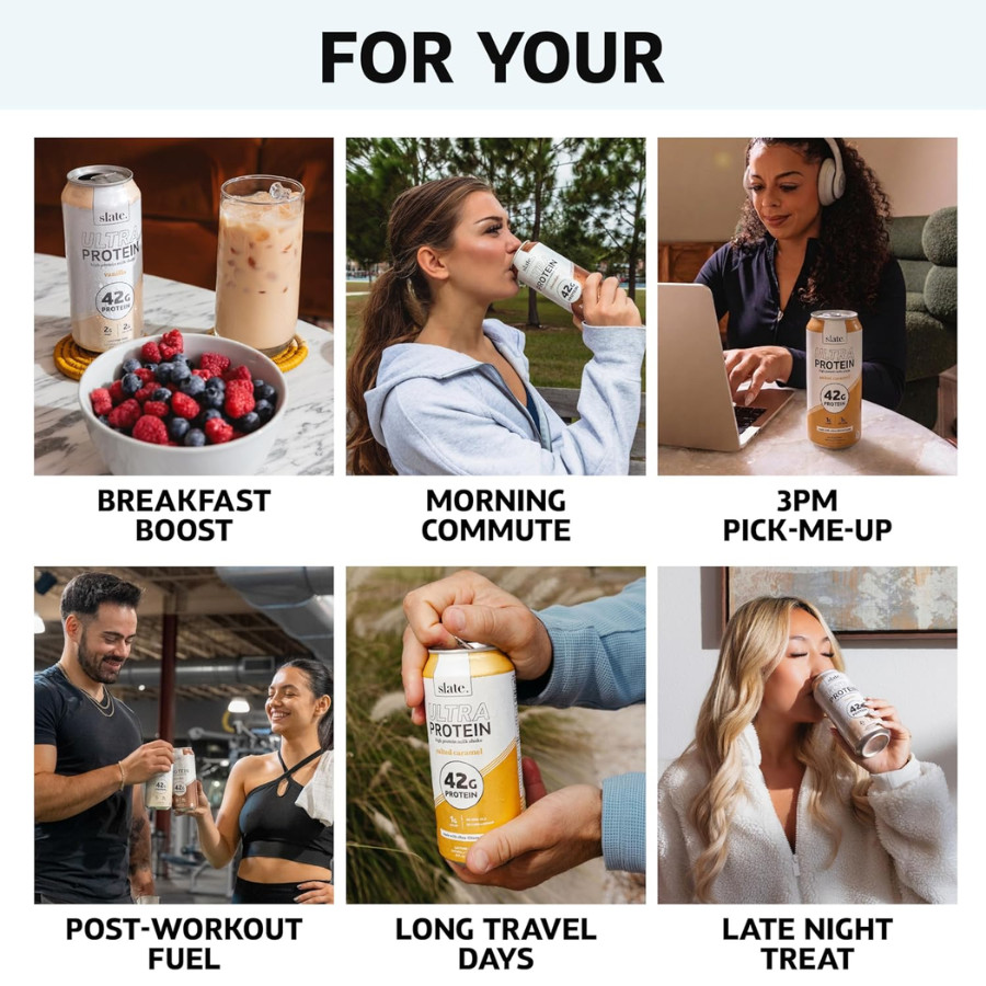 Slate 42G Ultra Protein Shakes – Breakfast Boost, Vanilla (15 fl oz), 12 Cans