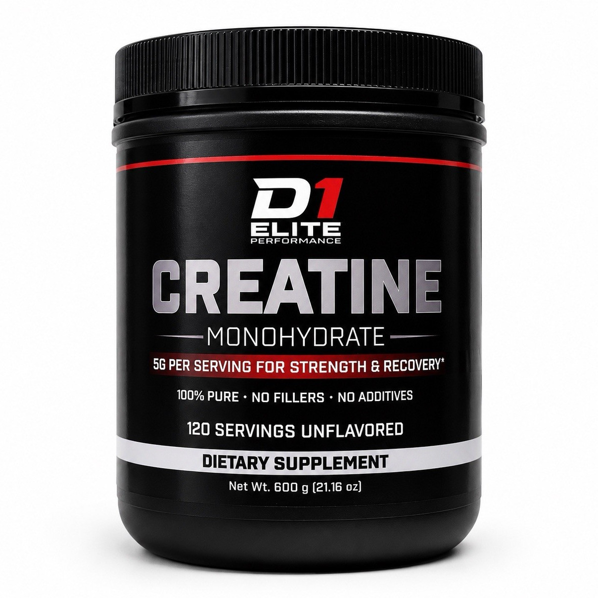 D1 Elite Performance Creatine Monohydrate Powder Unflavored 600g 120 Serv