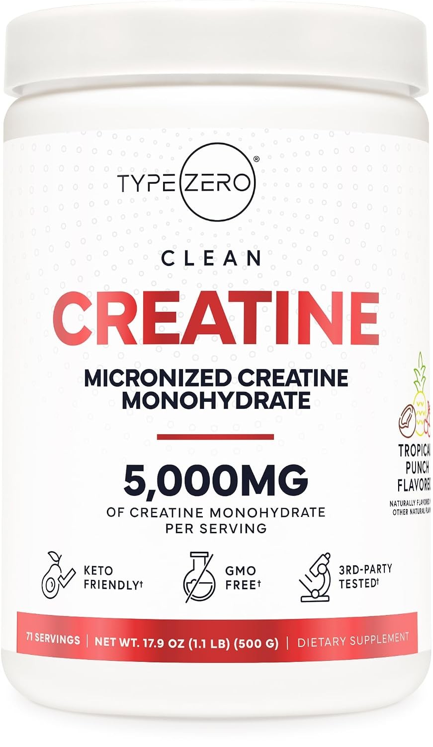 Type Zero Creatine Monohydrate Powder 500 Grams, Tropical Punch Flavored – Glute