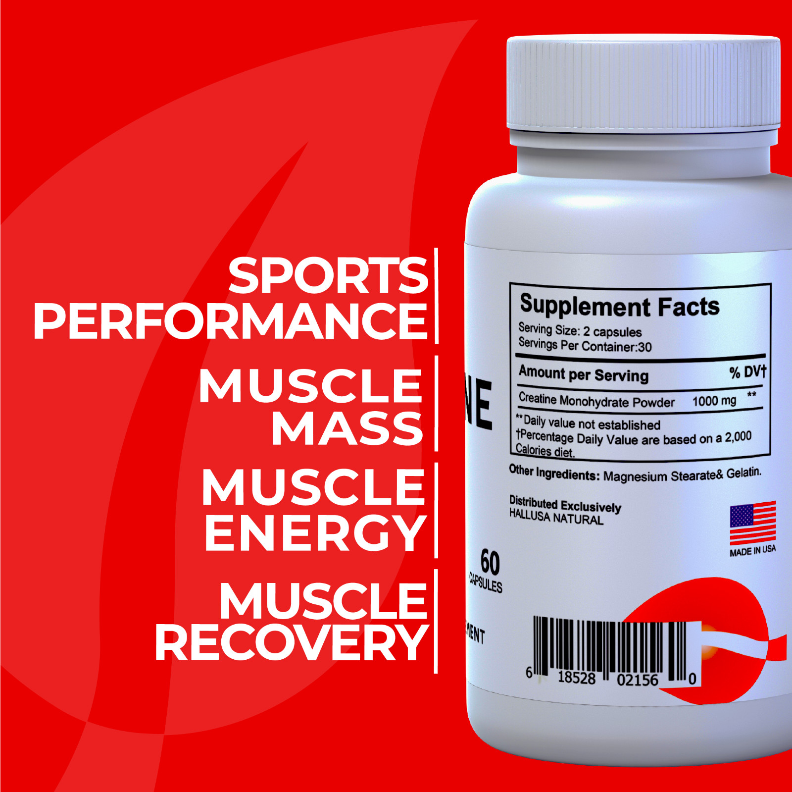 CREATINE Monohydrate – Muscle Building – Enhanced Strength & Performance -60 Cap