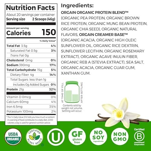 Orgain Organic Vegan Protein Powder Vanilla Bean 2.03 lb Plant Protein Non GMO