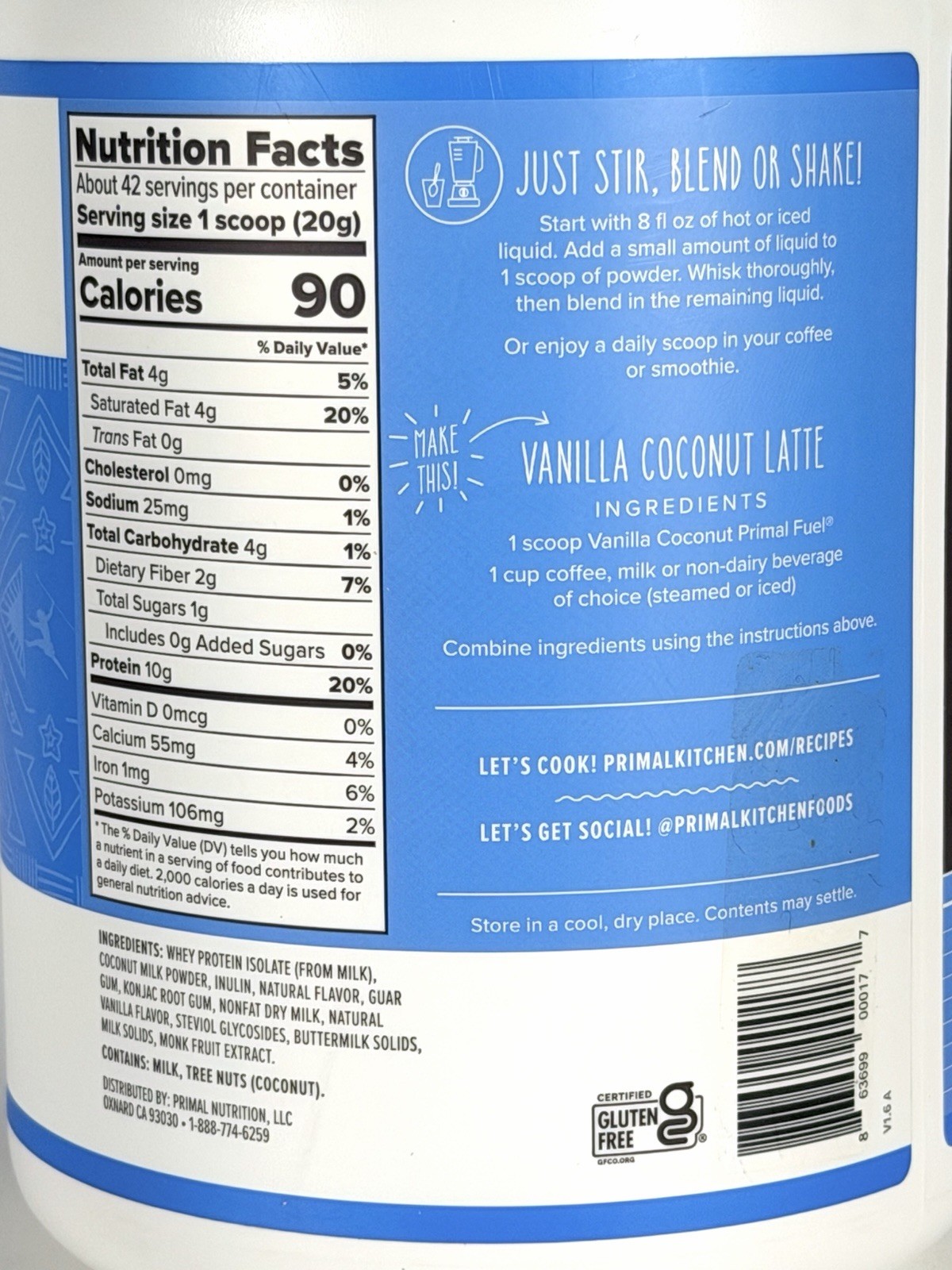 Primal Kitchen Primal Fuel Vanilla Coconut Whey Protein Drink Mix 29.6oz Ex 7/26