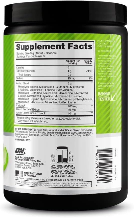 Fuel Your Workouts with Amino Energy Powder – Green Apple, 100mg Caffeine Boost