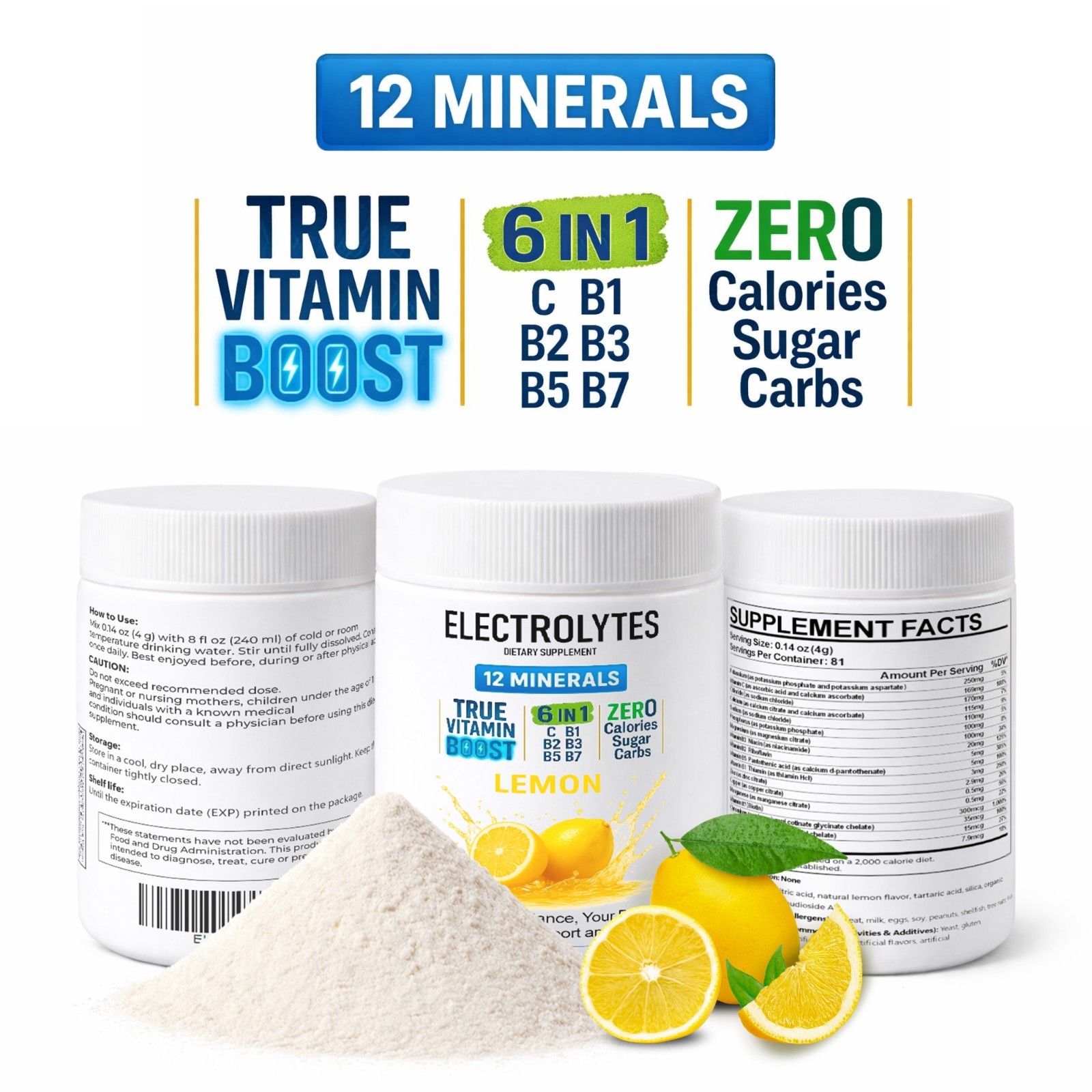 Electrolyte Complex Hydration Powder | 6 Vitamins + 12 Minerals | Lemon Flavor