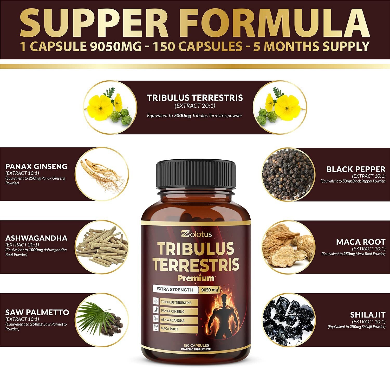 Tribulus Terrestris, 9050mg Per Capsule, 5 Months Supply with Ashwagndha, Pan…